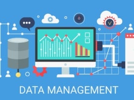 Flat modern vector concept of Data management with banner with icons and text.