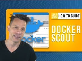 Jack Wallen standing in front of an orange and blue background with the text How to Guide Docker Scout