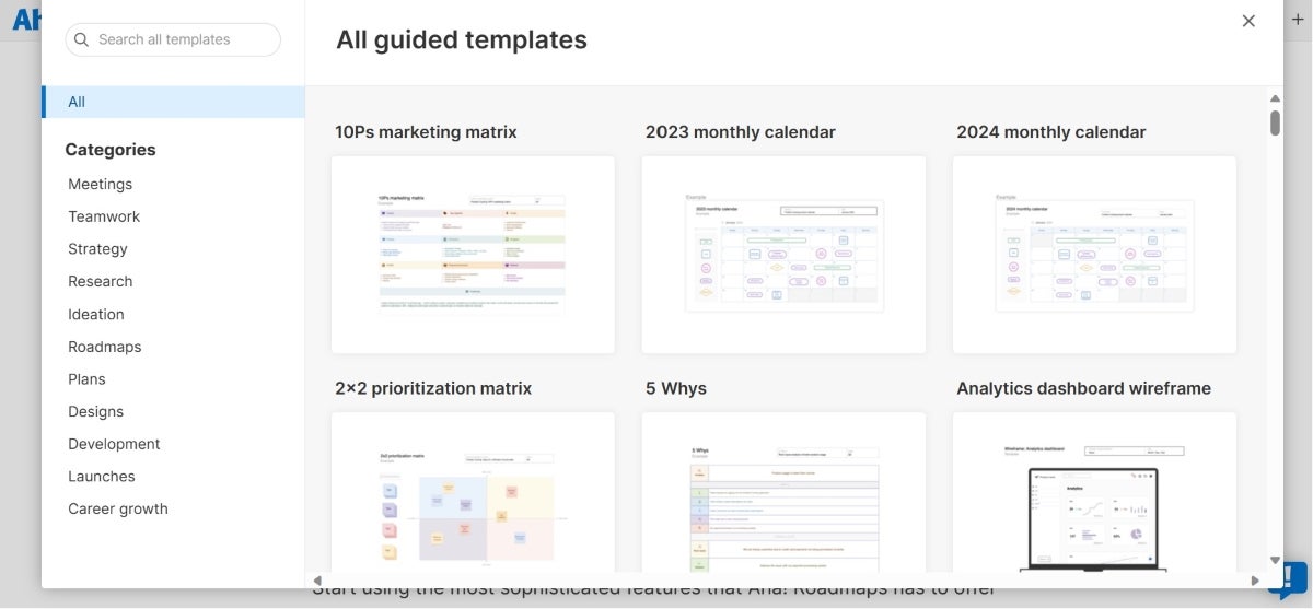 Screenshot of Aha! guide templates.