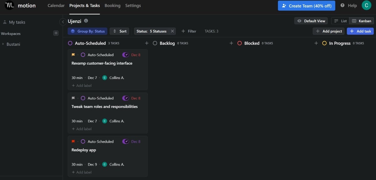 Screenshot of Motion kanban project view.