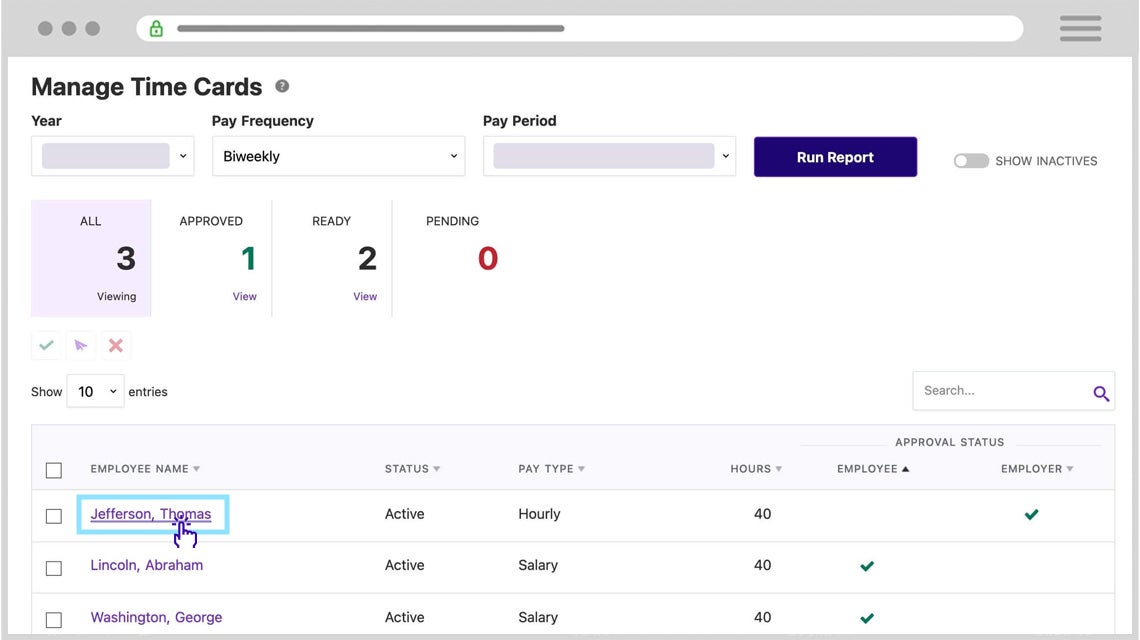 Screenshot of Patriot time cards.