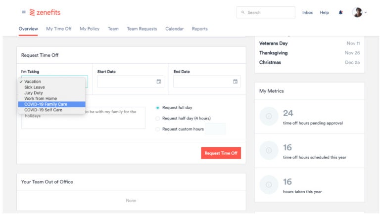 TriNet Zenefits. Employees can submit time-off easily for management and HR approval.