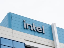 Close up of Intel sign on the building at its headquarters in Santa Clara, California, USA.