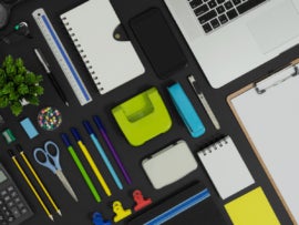 Top view flat lay of office supply with copy space.