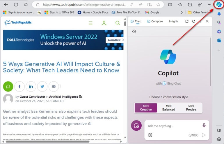 Accessing Copilot in Bing through Microsoft Edge.