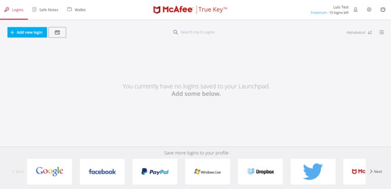 McAfee True Key main portal.