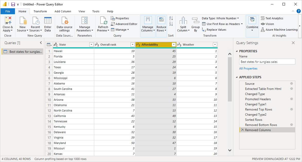 Screenshot of Microsoft Power BI power query editor.