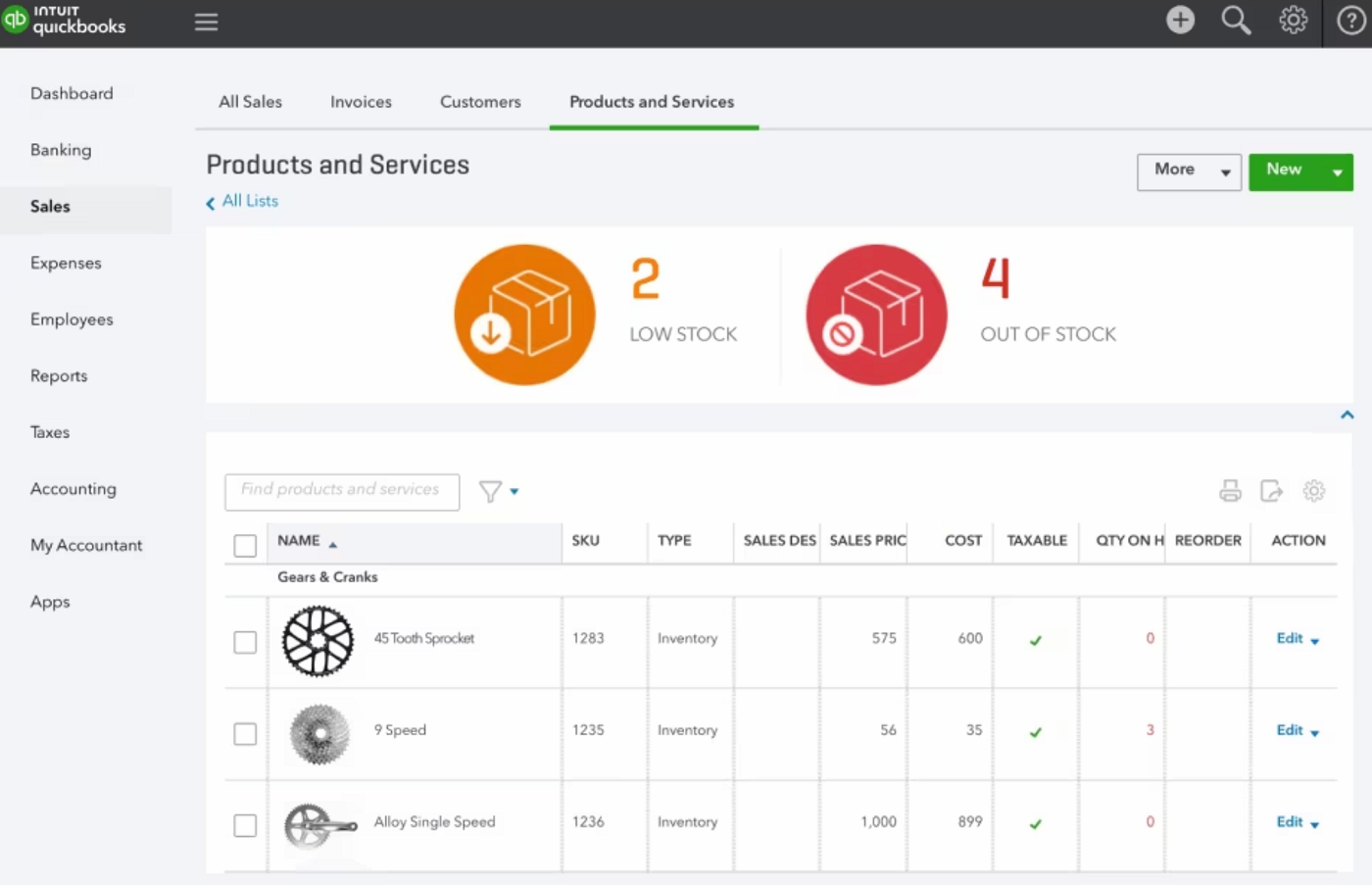 Screenshot of QuickBooks inventory tracking.