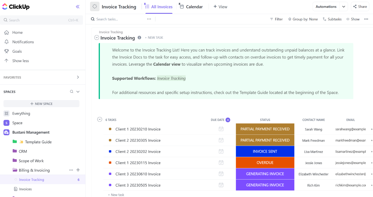 Screenshot of ClickUp invoice template list view.